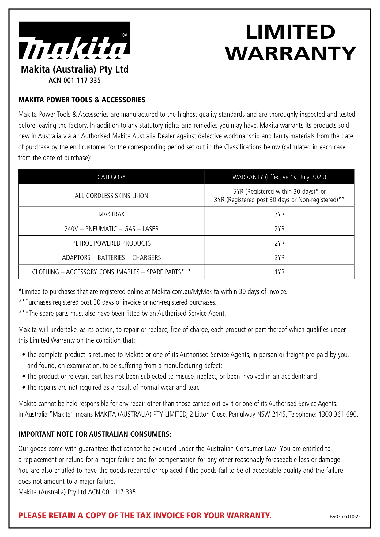 makita limited warranty statement